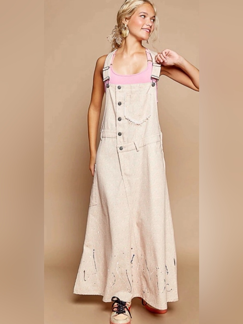 POL Cream Denim Overall Maxi Dress with Pink Tank